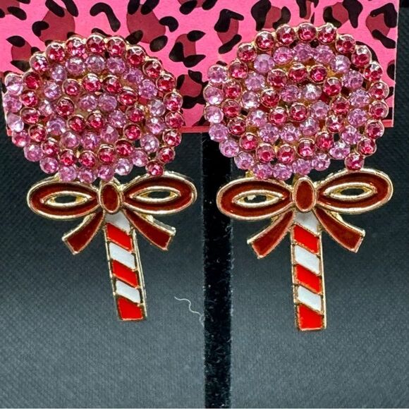 EARRINGS! Betsey Johnson Lollipop Post Earrings BNWT Pink and Red Gemstones - Picture 2 of 6